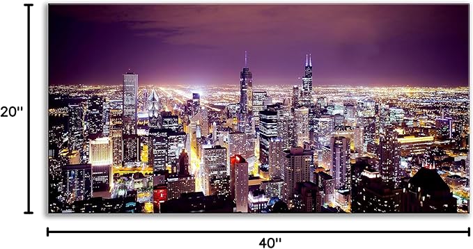 NAN Wind Large Modern City Chicago Skyline Pictures Cityscape Canvas Wall Art for Bedroom Downtown Poster Office Dining Room Wall Decor Wood Framed Night Scene Prints Paintings for Home Decorations