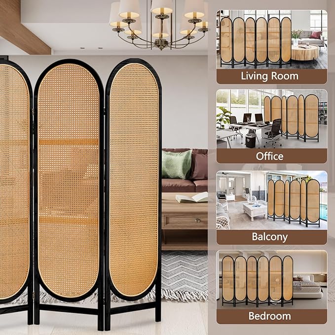 6 Panels Room Dividers, Hand-Woven Rattan Room Divider Panel and Folding Privacy Screens, Wood Room Divider Wall Freestanding Room Partitions Screen for Home Office Bedroom, Light Brown