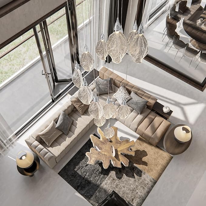 Large Chandeliers for High Ceilings, 20-Lights Modern LED Long Staircase Chandeliers, H78 Bionic Leaf High Ceiling Foyer Chandelier, Big Chandelier Light Fixture for Foyer Entryway-Silver
