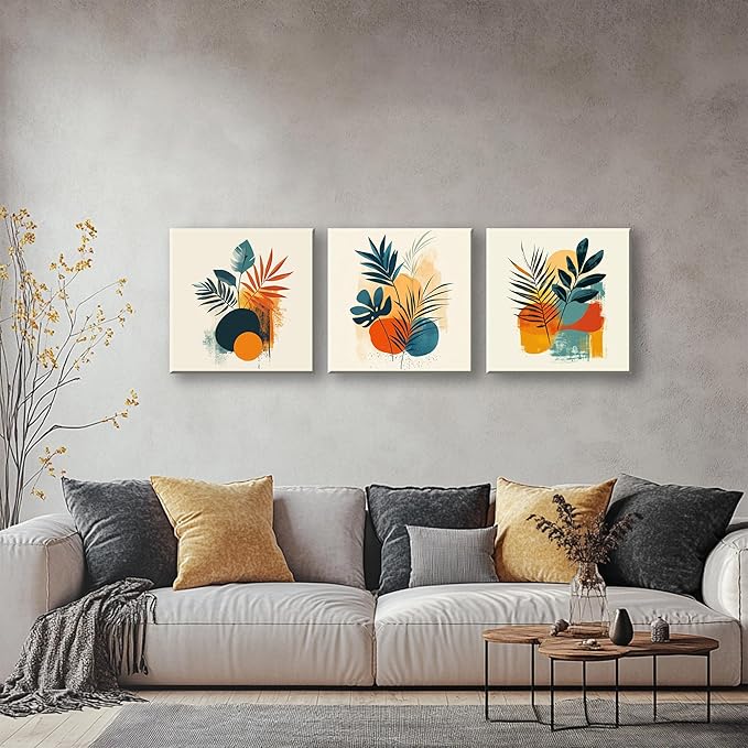 NAN Wind 3Pcs Modern Abstract Botanical Canvas Wall Art Colorful Leaf Prints Contemporary Floral Art for Living Room Minimalist Plant Decor Geometric Canvas Set Ready to Hang for Home Decor
