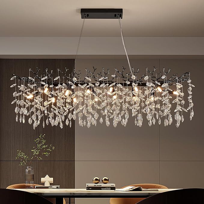 Modern Black Crystal Chandeliers for Living Room, Tree Branch Chandelier 14 Lights Rectangular 47.2" Hanging Pendant Light Fixture for Kitchen Island Dining Room Foyer Entryway