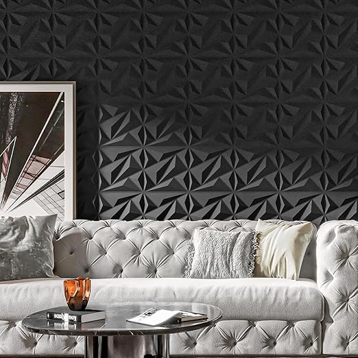 Art3dwallpanels 50 Pack 3D Wall Panel Diamond for Interior Wall Décor, PVC Flower Textured Wall Panels for Living Room Lobby Bedroom Hotel Office, Black, 12''x12''
