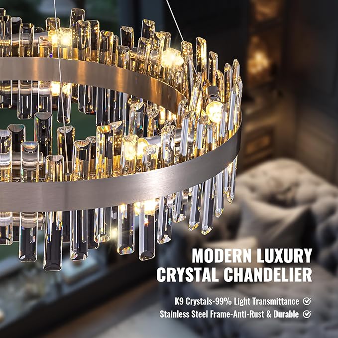 Modern Dining Room Crystal Chandelier, 16-Light Chrome Silver Round Chandelier, 31.5-inch K9 Crystal Raindrop Ceiling Light, Luxury Flush Mount Light Fixture for Kitchen Living Room Entryway