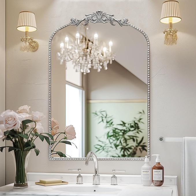 Antique Silver Arch Wall Mirror, 24"x36" Traditional Vintage Mantel Mirror with Ornate Metal Frame, Baroque Victorian Mirror for Fireplace/Entryway/Bathroom/Living Room/Hallway