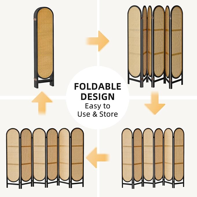 6 Panels Room Divider, Foldable Wooden Room Divider, Individual Privacy Screen Made of Hand-Woven Rattan, Portable Wall Divider for Home Office Bedroom Bathroom Dressing Room (Black Natural)