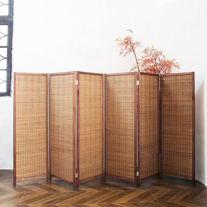 6 Panel Room Divider Short Folding Screen Divider,Double Sided Bamboo Panel Divider for Room Separation,Brown,47.2" H x 92.1" W