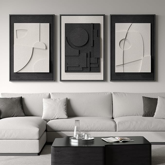 Large 3D Textured Framed Black and White Abstract Wall Art for Living Room, 3 Piece Modern Artwork for Walls, Black White Minimalist Geometric Paintings for Hallway Office Wall Decor 24x36 In