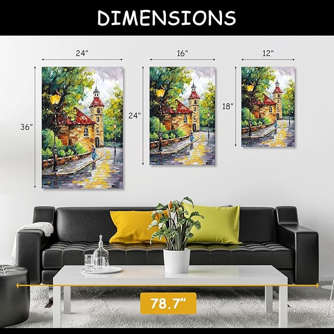 Kewhush European Town Canvas Wall Art, Colorful City Street Canvas Prints, Europe City Wall Art, Set of 3 Abstract Poster, Landscape Artwork, Romantic Decor for Living Room (24" x 36" x 3 pcs)