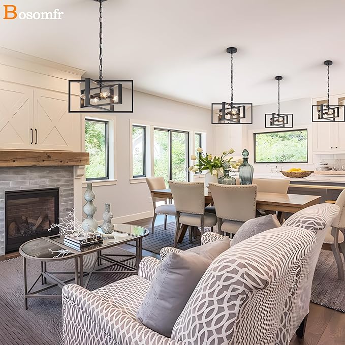 16.5'' Farmhouse Chandelier 4-Light, Black Modern Light Fixture Cross Chandeliers for Dining Room Kitchen Island Bedroom, Rectangular Metal Pendant Light Fixture for Living Room