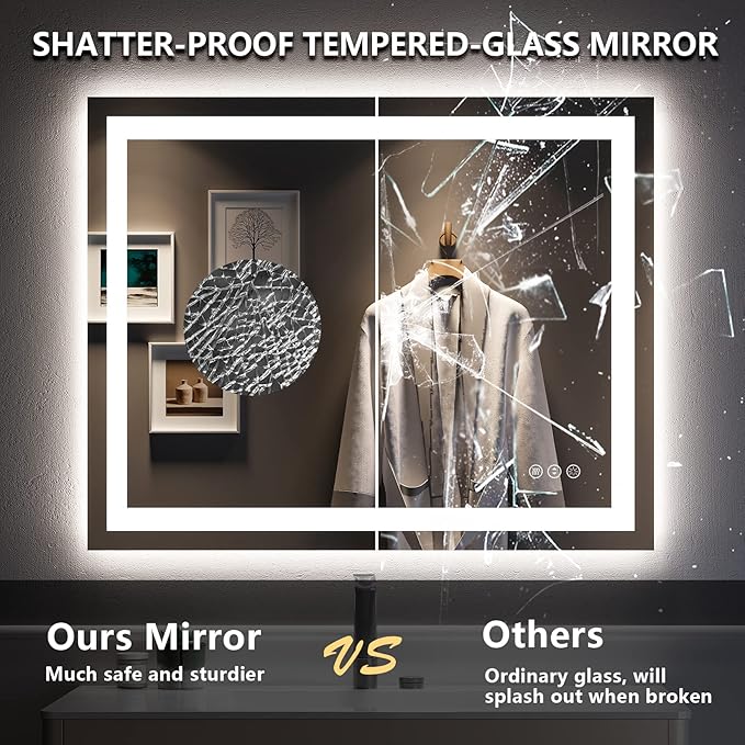 40x32 Inch LED Bathroom Mirror with Lights Front and Backlit Lighted Vanity Mirror for Bathroom Wall with 3 Colors Dimmable Anti-Fog Memory Shatter-Proof IP54 Waterproof Horizontal/Vertical