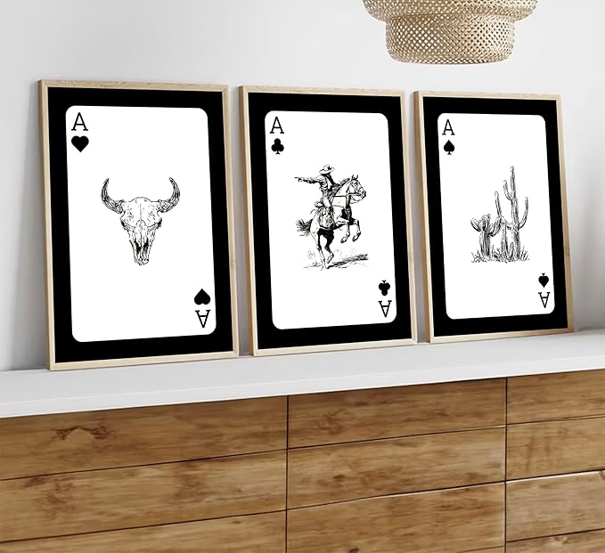 3Pcs Western Cowboy Wall Art Rustic Southwestern Style Poster Printing Vintage Western Poker Ace Paintings Cowboy Horse Bull Skull Cactus Pictures for Bedroom Living Room Bathroom 12x16in Unframed