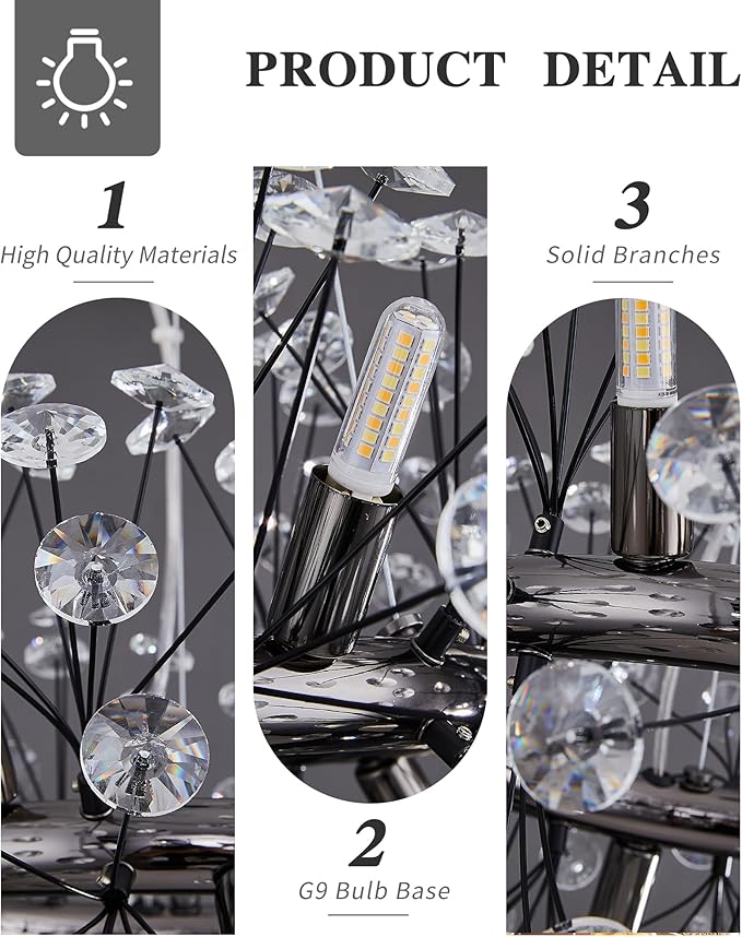 Modern Firework Chandelier, Farmhouse Black Crystal Round Dandelion Sputnik Chandeliers, 23.62" Contemporary 12-Light Pendant Hanging Lighting for Dining Room Kitchen Bedroom Living Room