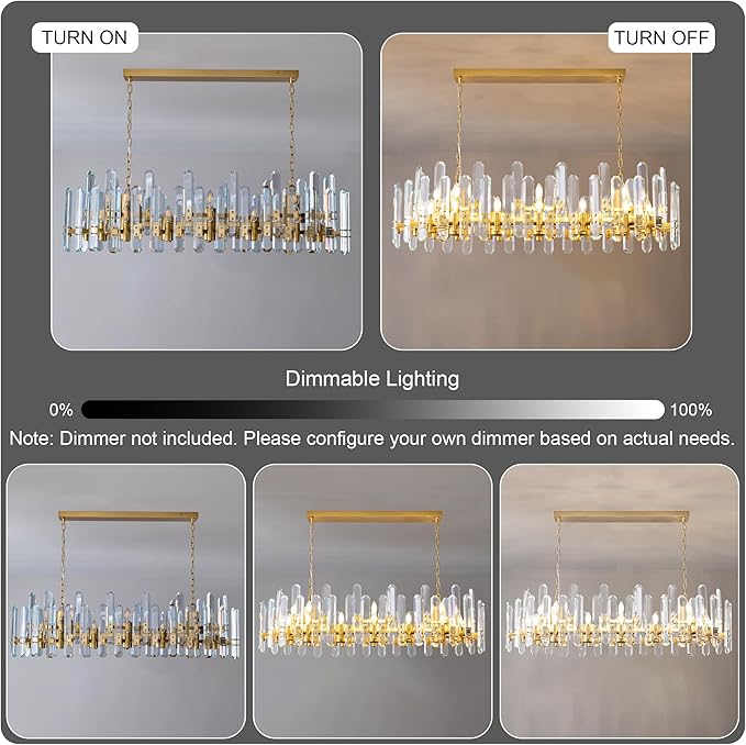 54" Modern Gold Crystal Chandelier, 24-Light Luxury Rectangular Chandelier for Dining Room, Kitchen Island, Living Room, Bedroom, Foyer, Contemporary Adjustable Chain Chandeliers K9 Light Fixture