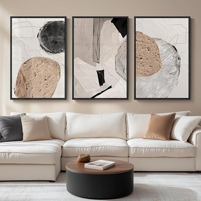 Large Framed Neutral Abstract Wall Art for Living Room, Set of 3 Piece Modern Wabi Sabi Art Beige and Black Canvas Artwork for Walls, Contemporary Minimalist Geometric Painting Prints 24x36 Inch