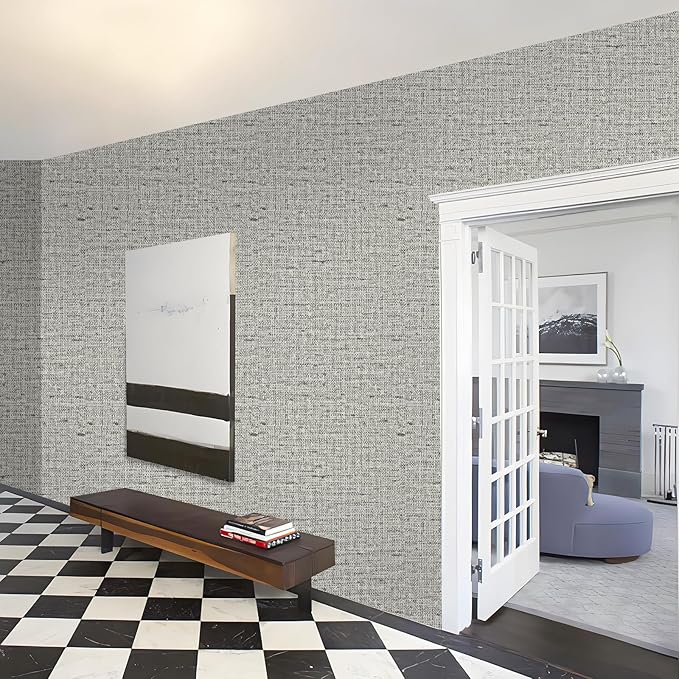 15.75"x590.6" Gray Grasscloth Wallpaper Peel and Stick Removable Textured Wall Paper Self Adhesive Contact Paper Faux Linen Cabinets Drawers Bookshelves Thickened Waterproof Shelf Vinyl Roll