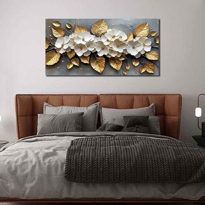 CANEITO Flower Wall Art for Living Room, White Plum Blossom and Golden Leaves Wall-Decor for Bedroom, Natural Canvas Prints Pictures for Hallway Office, Size 40x20 Inches