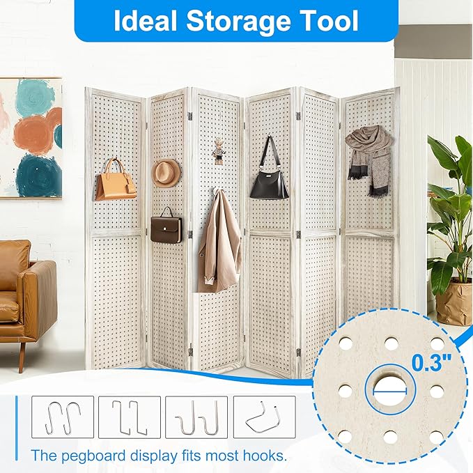 2 PCS Room Dividers 6 Panel Pegboard Display 5.6FT Wood PegBoard Room Divider,Folding Privacy Screens Portable Freestanding Partition Wall Divider for Art Shows & Room Separation, Natural Wood