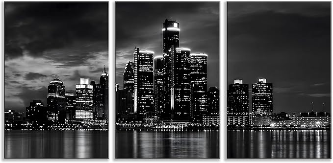 NAN Wind 3 Pcs Wall Art Beautiful Detroit Skyline Black & White Canvas Art Paintings For Room Decor Cityscape Skyscrapers Night Scene Picture Prints On Canvas For Home Decor Modern Giclee Framed