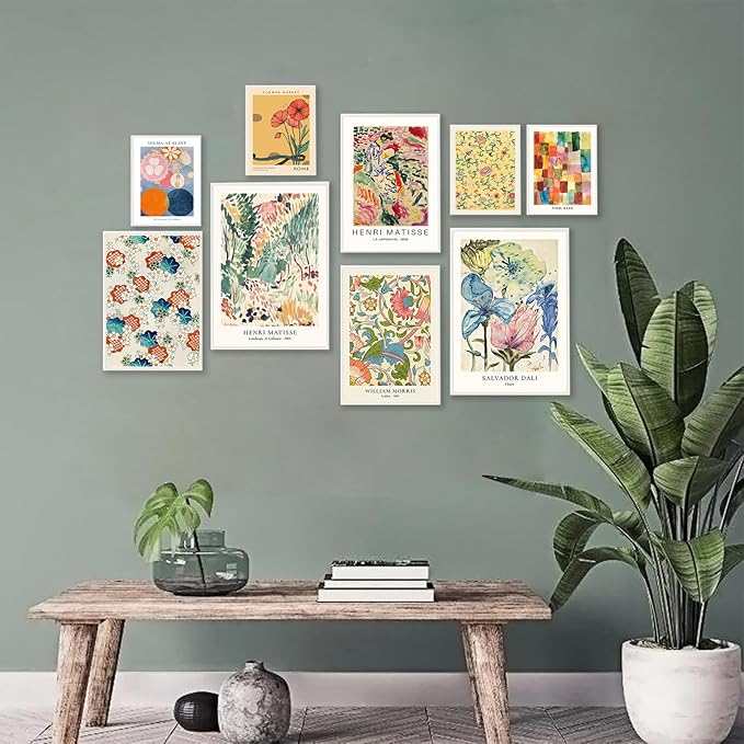 KBKBART Colorful Eclectic Wall Art Prints, 9 PCS Vintage Eclectic Wall Decor Matisse William Morris Flower Market Maximalist Home Decor, Trendy Maximalism Famous Artist Painting Pictures for