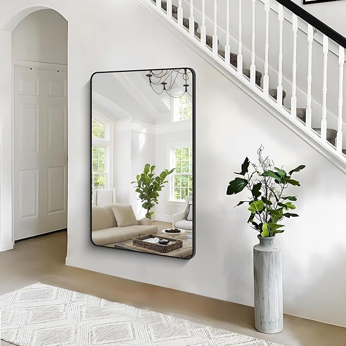 55x36 inch Bathroom Mirror,Black Rectangle Mirror,Wall Mounted Bathroom Frame Vanity Mirror with Round Corner for Bedroom Living Room, Entryway Hangs Horizontal or Vertical