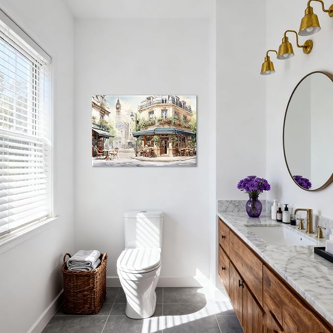 Modern Framed Street View Wall Art European Coffee Shop Canvas Print, Contemporary City Scene Painting, Vintage Cafe Artwork for Kitchen Dining Room Living Room, Bedroom Home Decor, Multi Size