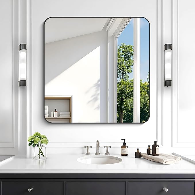 KOCUUY Bathroom Mirror 30"x30", Black Square Mirrors for Over Sink, Modern Vanity Mirror with Rounded Corner Metal Frame, Shatterproof Designed Wall Mirror for Bedroom, Living Room, Entryway