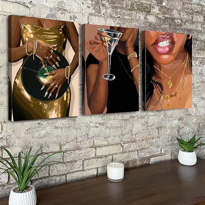 Black Girl Wall Art Fashion American African Women Canvas Pictures for Bedroom Retro Trendy Cocktail Gold Jewelry Posters Girly Prints Modern Artwork Living Room Bathroom Home Decorations 12x16" 3Pcs