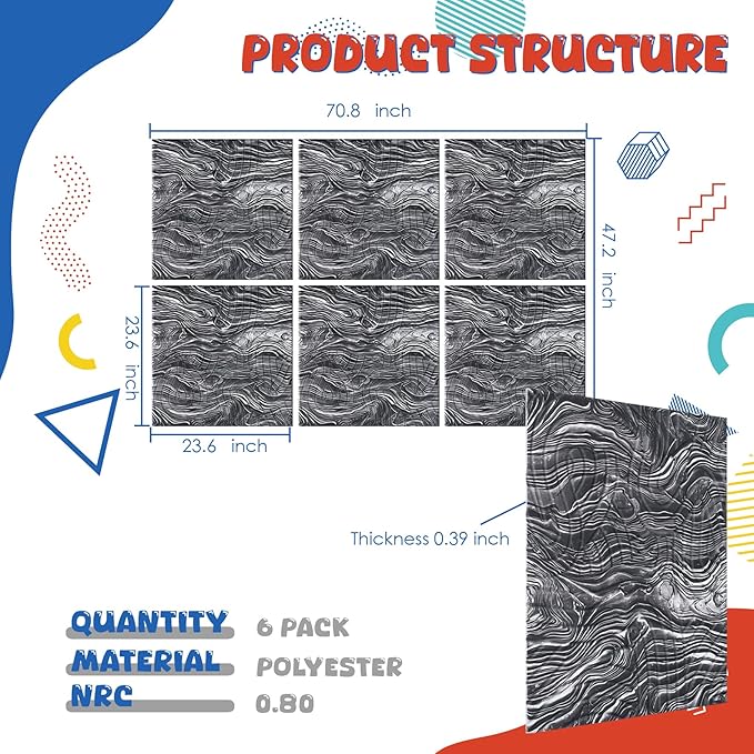 Acoustic Wall Panels 6 Pack, 24"x24"Decorative Art Soundproof Panels, Sound Absorbing Self-Adhesive Panel, Acoustic Treatment for Studio, Home Theater, Office (Ocean AuraStone)