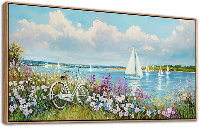 Coastal Wall Art Sailboat Beach Canvas Wall Decor Flower & Landscape Paintings Farmhouse Decor Blue Artwork for Living Room Bedroom Home Office Large Framed Ocean Pictures Wall Decor24×48IN