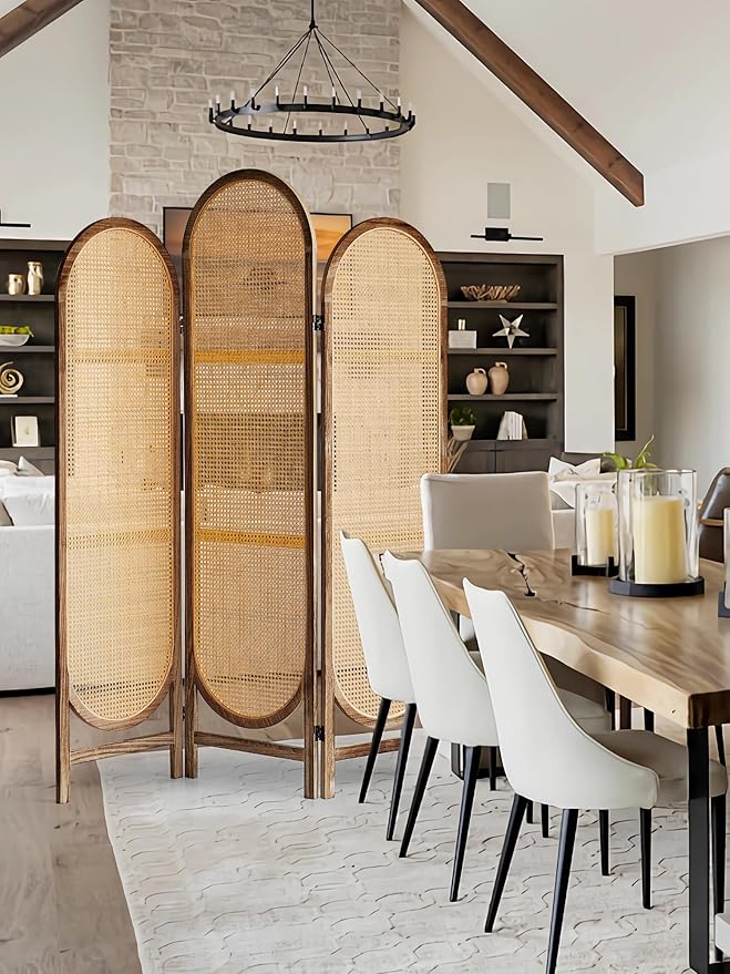 3 Panel Hand-Woven Rattan Room Dividers and Folding Privacy Screens with Bi-Directional Hinge, Pre-Assembled Partition Room Dividers for Home Office Bedroom, Dark Brown