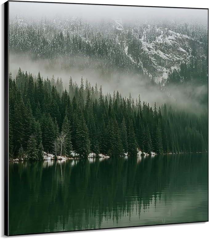 36"x36" Large Framed Wall Art - Misty Forest Landscape Green Pine Trees (Frame Assembly Required)
