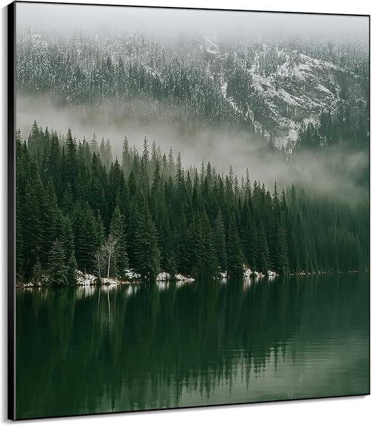 60"x60" XL Framed Wall Art - Misty Forest Landscape Green Pine Trees (Frame Assembly Required)