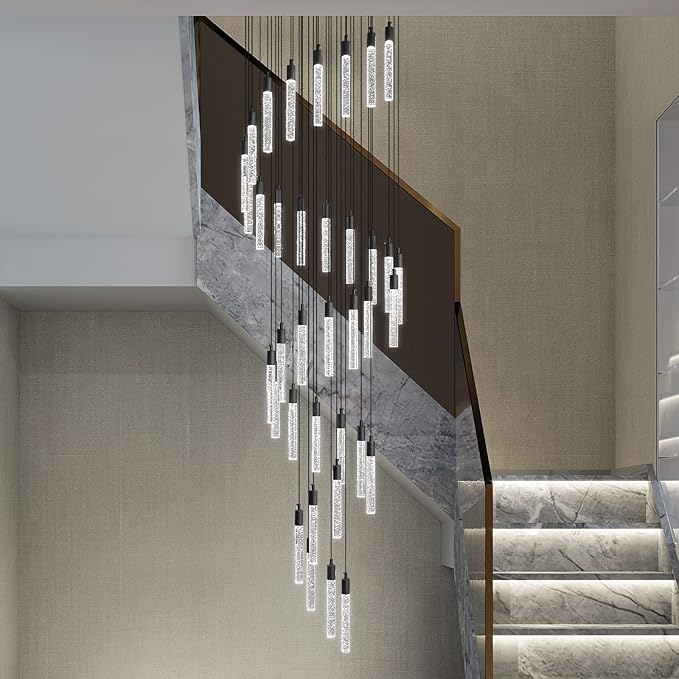 36-Light Modern Living Room Chandelier Black Crystal Ceiling Pendant Lights LED Dimmable 216W 6000K Staircase Large Chandeliers for Entryway Lobby Foyer High Ceiling Chandeliers