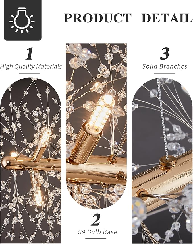 Modern 59" Modern Gold Crystal Firework Chandelier, 18-Light Pendant Light Fixture, Rectangle Linear Sputnik Dandelion Chandeliers for Dining Room Kitchen Living Room