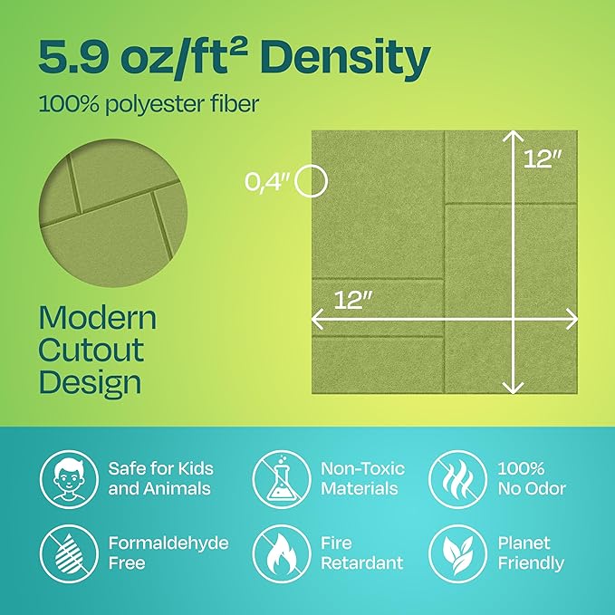 Acoustic Panels 12-Pack Soundproof Wall Panels 12"x12"x0.4" Decorative Sound Dampening for Your Home, Office, Studio, Bedroom & More with Unique GridFrame Carving [Gin Green]