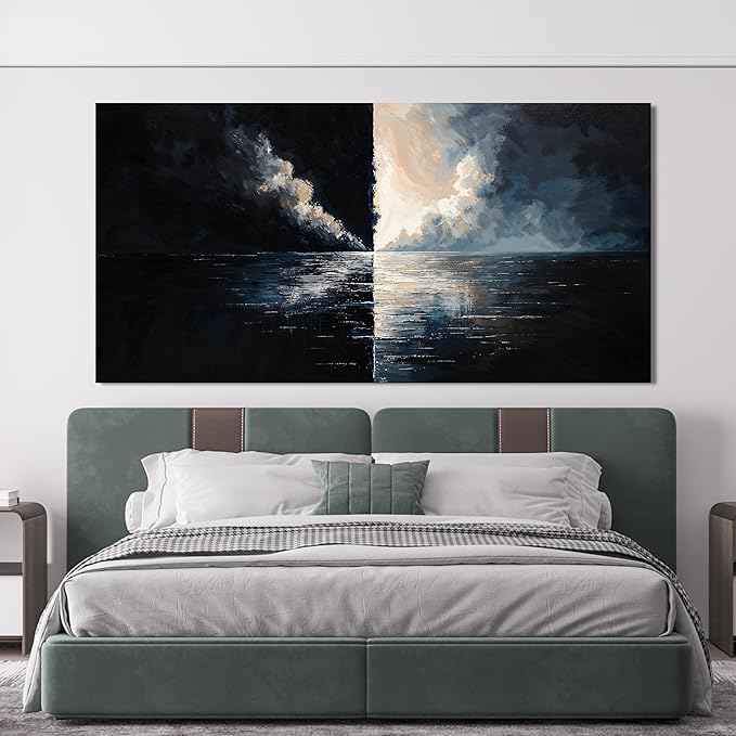 Abstract Large Wall Art Decor Wall Art Pictures for Living Room Abstract Canvas Art Wall Decor Modern Black and White Wall Art Prints Oversized Coastal Wall Art Bedroom Office Home Decor 29" X 58"