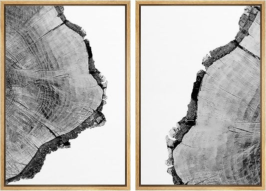 SIGNWIN Framed Wall Art Print Set Black & White Close Up Tree Ring Details Nature Wilderness Photography Modern Art Rustic Relax/Calm Multicolor for Living Room, Bedroom, Office - 24"x36"x2 Natural