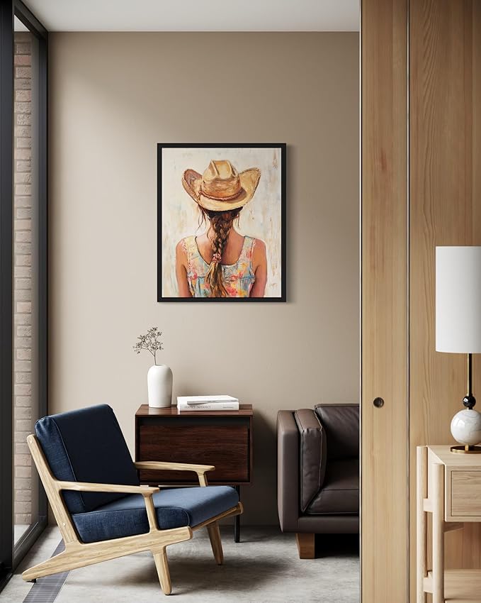 Brunette Cowgirl Cowboy Art Print Poster Wall Art, Western Country Farmhouse Wild West for Bedroom, Bathroom, Living Room Art Decor 58 (Brunette Cowgirl, 8 x 10 inches, Black Frame)