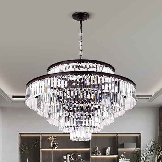 Brown Modern Style Top K9 Crystal Chandeliers & LightsRound Hanging Classic, Pendant Ceiling Chandelier Lighting Fixture 6-Tier for Dining Room Living Room(Oil Brown, Dia 31 Inch)