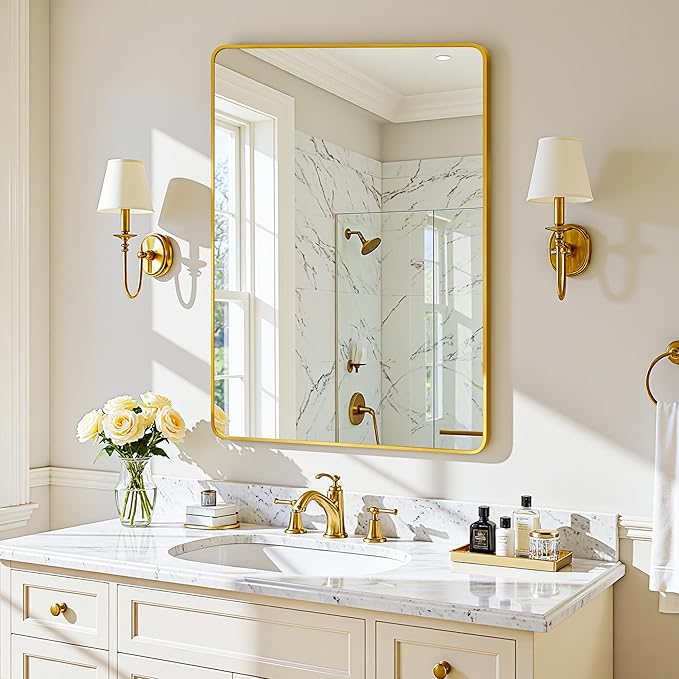 Antok Wall Mirror, 24"x36" Bathroom Vanity Mirror, Anti-Rust HD Tempered Glass, Wall Mounted Mirrors for Living Room, Entryway, Gold Frame, Rect