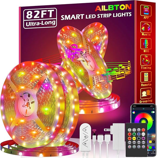 AILBTON Led Strip Lights,82ft Led Light Strips Music Sync Color Changing RGB Led Strip Built-in Mic,Bluetooth led Lights App Control with Remote,5050 RGB Rope Light Strip