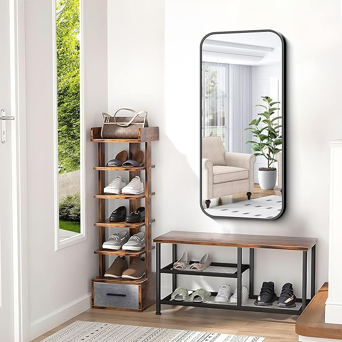 BONEWEI 20x40 inch Bathroom Mirror,Black Rectangle Mirror,Wall Mounted Bathroom Frame Vanity Mirror with Round Corner for Bedroom Living Room,Entryway Hangs Horizontal or Vertical