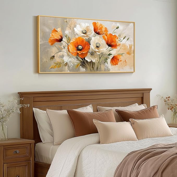 Large Floral Wall Art for Living Room, Gold Framed Orange White Flower Canvas Painting Prints Artwork, Modern Elegant Country Watercolor Flowers Picture for Bedroom Hallway Office Wall Decor, 20x40 In