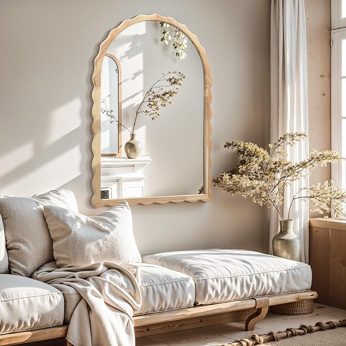 LuxenHome Arched Wall Mirror, 34"x23.5" Large Rubberwood Scalloped Framed Bathroom Mirror, Wall Mounted Decorative Wavy Mirrors, Wooden Arch Mirrors for Entryway Living Room Bedroom Home Decor