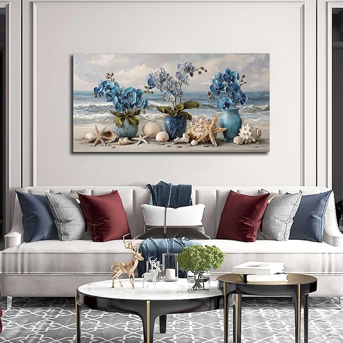 Large Beach Wall Art Blue Wall Decor Floral Canvas Art Coastal Seascape Ocean Pictures Flower Vase Poster Starfish Conch Shell Print Art for Bedroom Bathroom Living Room Office 24"x 48"