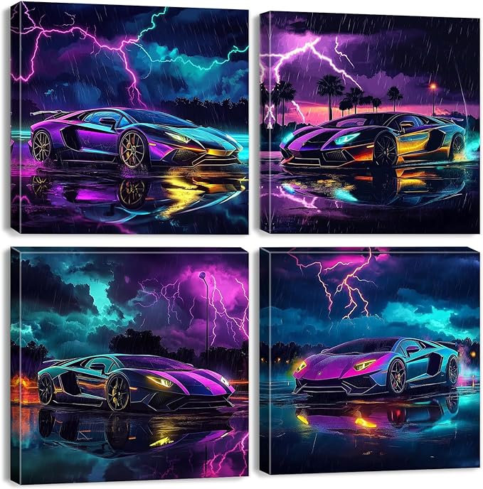 Lamborghini Car Posters Fashion Lightning Landscape Vehicle Pictures Boys Room Decor Modern Black and White City Street Racing Vehicle Prints Painting Guys Dorm Garage Office Home Decoration 16x16" 4P