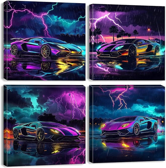 Lamborghini Car Posters Fashion Lightning Landscape Vehicle Pictures Boys Room Decor Modern Black and White City Street Racing Vehicle Prints Painting Guys Dorm Garage Office Home Decoration 16x16" 4P