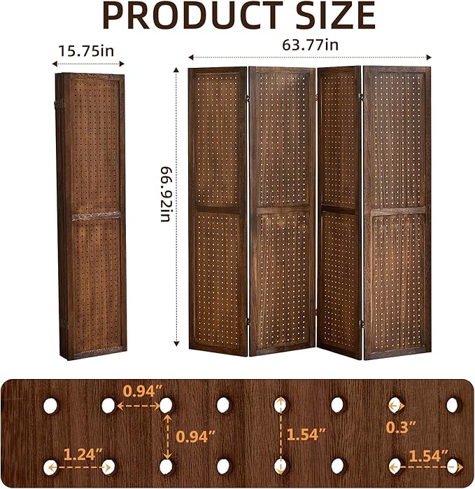 4 Panel Pegboard Display with 16 Hooks, Wooden Room Divider Wall and Folding Privacy Screens, Partition Room dividers, Pegboard Room Divider, Jewelry Store, Bedroom, Balcony, Dark Brown