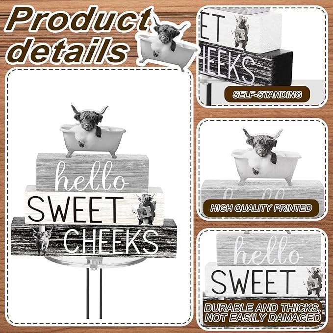 4 Pcs Funny Highland Cow Bathroom Decor Farmhouse Adult Cow Bathroom Decoration Western Hello Sweet Cheeks Table Centerpiece Christmas