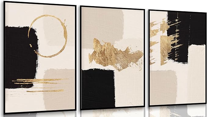 3pcs Black Gold Abstract Wall Art Bohemian Simple Geometric Canvas Poster Print Modern Beige Picture Painting Wall Decor for Living Room Bedroom Office Decoration Frameless